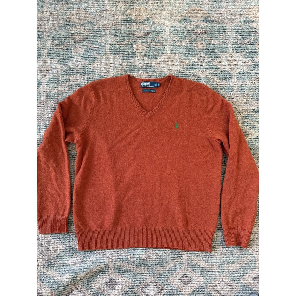 Polo Ralph Lauren 100% Lambswool V-Neck Sweater Mens Large Orange Pony Logo